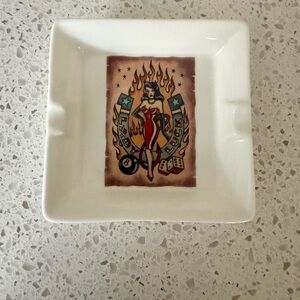 Vintage Style White Ceramic Ashtray with Tattoo Art “Lady Luck”